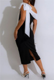 Green Casual Patchwork Slit Contrast Oblique Collar One Step Skirt Dresses