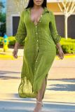 Green Casual Solid Color Buckle Patchwork Slit Turndown Collar Long Dresses