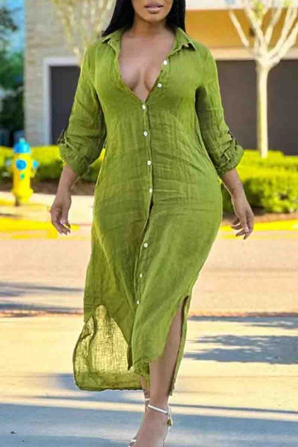 Green Casual Solid Color Buckle Patchwork Slit Turndown Collar Long Dresses