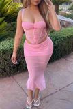 Pink Sexy Solid Color Patchwork See-Through Backless Square Neck Sleeveless Two Pieces