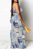 Blue Elegant Print Patchwork O Neck Long Dresses