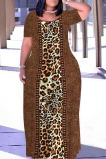 Brown Casual Print Basic O Neck Long Plus Size Dresses