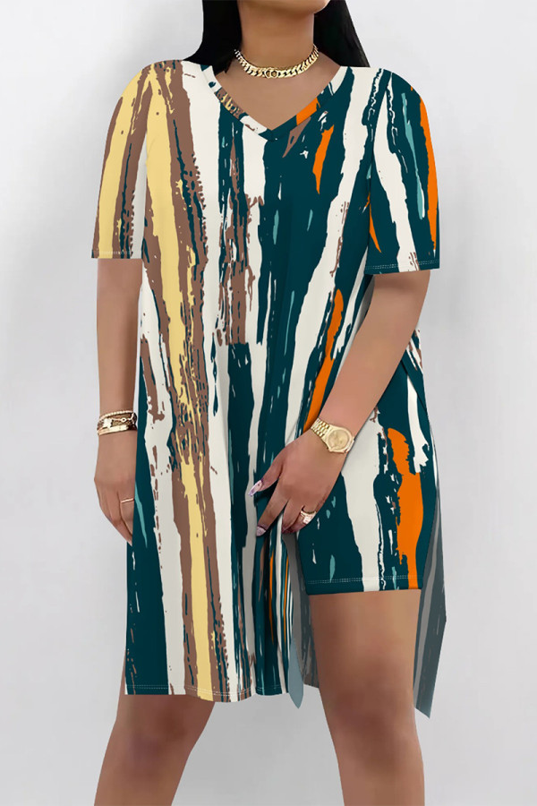 Stripe Casual Gradient Print Stripe Letters Slit V Neck Short Sleeve Two Pieces