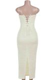 Light Apricot Sexy Solid Color Patchwork Backless Cross Straps Slit Spaghetti Strap Sling Dresses