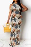 Blue Elegant Print Patchwork O Neck Long Dresses