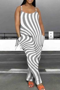 Gray White Casual Print Patchwork Backless Spaghetti Strap Loose Jumpsuits
