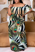 Zebra Casual Print Patchwork Off Shoulder Long Plus Size Dresses