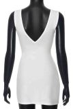 White Sexy Solid Color Patchwork Backless V Neck Wrapped Skirt Dresses
