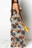 Blue Elegant Print Patchwork O Neck Long Dresses