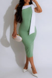 Green Casual Patchwork Slit Contrast Oblique Collar One Step Skirt Dresses