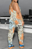 Beige Casual Floral Print Pocket U Neck Loose Jumpsuits