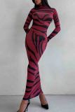 Red Elegant Stripe Patchwork Turtleneck Long Dresses