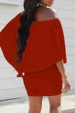 Red Casual Letters Patchwork Off Shoulder Wrapped Skirt Dresses