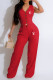 Red Casual Daily Letter Print Pocket Buttons V Neck Sleeveless Two Pieces