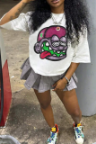 White Casual Cartoon Print O Neck T-Shirts