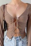 Rose Purple Sexy Solid Color Hollow Out Patchwork Strap Design V Neck Tops