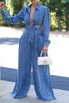 Blue Casual Solid Color Pocket Patchwork Strap Design Turndown Collar Long Sleeve Two Pieces