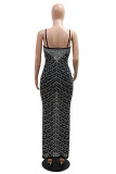 Black Sexy Patchwork Hot Drilling See-Through Backless Spaghetti Strap Long Dresses