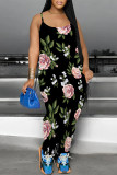 Beige Casual Floral Print Pocket U Neck Loose Jumpsuits