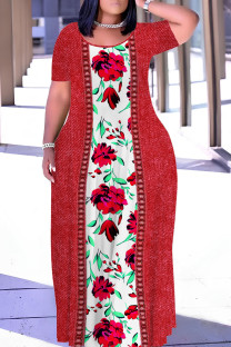 Red Casual Print Basic O Neck Long Plus Size Dresses