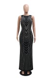 Black Sexy Party Patchwork Hot Drill O Neck Evening Dresses