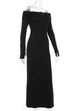 Black Elegant Solid Color Patchwork Backless Slit Off Shoulder Long Dresses