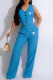 Blue Casual Letter Print Pocket Buttons V Neck Sleeveless Two Pieces