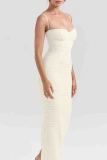 Light Apricot Sexy Solid Color Patchwork Backless Cross Straps Slit Spaghetti Strap Sling Dresses