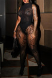 Black Sexy Hot Solid Color See-Through Turtleneck Sleeveless Two Pieces