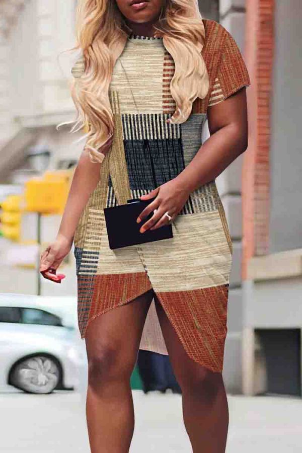 Brown Sexy Print Patchwork O Neck Wrapped Skirt Dresses