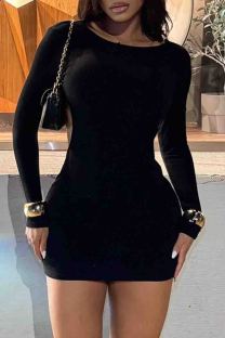Black Sexy Solid Color Patchwork Backless O Neck Wrapped Skirt Dresses