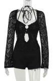 Black Sexy Solid Color Lace Hollow Out Patchwork Strap Design Halter Skinny Rompers