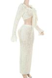 White Sexy Solid Color Patchwork Strap Design Ruffled Trim V Neck Long Sleeve Two Pieces