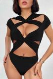 Black Sexy Solid Color Hollow Out Patchwork Skinny Bodysuits