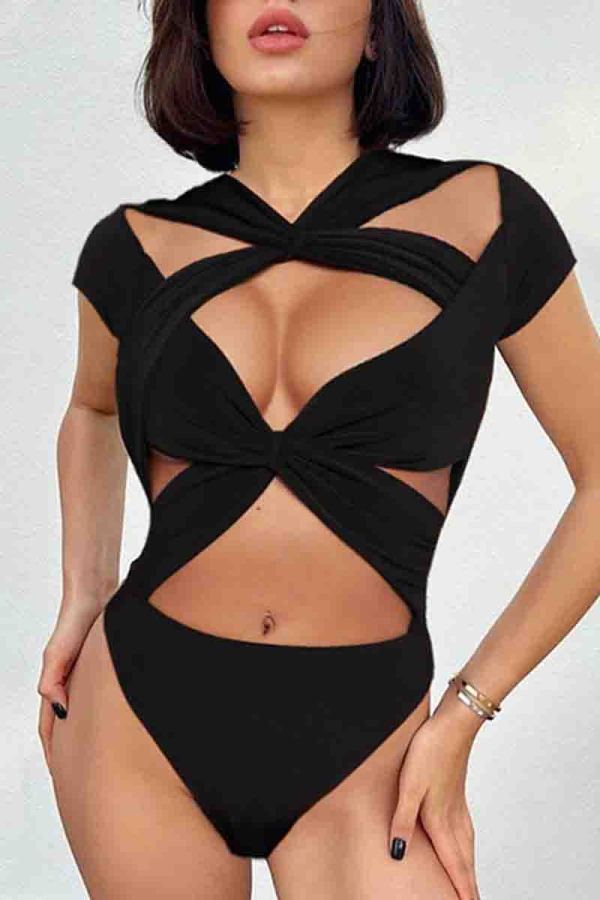 Black Sexy Solid Color Hollow Out Patchwork Skinny Bodysuits