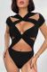 Black Sexy Solid Color Hollow Out Patchwork Skinny Bodysuits