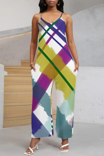 Stripe Sexy Street Geometric Print Stripe Pocket Contrast V Neck Boot Cut Jumpsuits