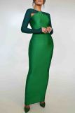 Blue Elegant Hollow Out Patchwork Contrast O Neck Long Dresses