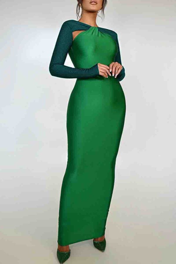 Green Elegant Hollow Out Patchwork Contrast O Neck Long Dresses