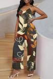 Blue Casual Street Floral Print Pocket V Neck Loose Jumpsuits