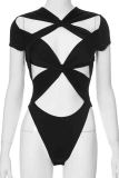 Black Sexy Solid Color Hollow Out Patchwork Skinny Bodysuits