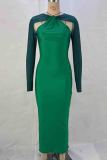 Blue Elegant Hollow Out Patchwork Contrast O Neck Long Dresses