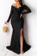 Black Sexy Prom Solid Color Slit Ruched V Neck Evening Dresses