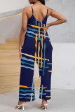 Multicolor Sexy Street Geometric Print Stripe Pocket Contrast V Neck Boot Cut Jumpsuits
