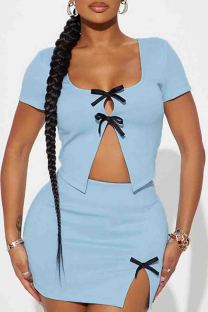 Blue Sexy Solid Color Patchwork Slit Bow Decor U Neck Short Sleeve Two Pieces