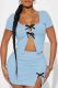 Blue Sexy Solid Color Patchwork Slit Bow Decor U Neck Short Sleeve Two Pieces