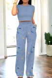 Light Pink Casual Print Pocket Patchwork O Neck Short Sleeve Two Pieces