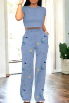 Dark Blue Casual Print Pocket Patchwork O Neck Short Sleeve Two Pieces