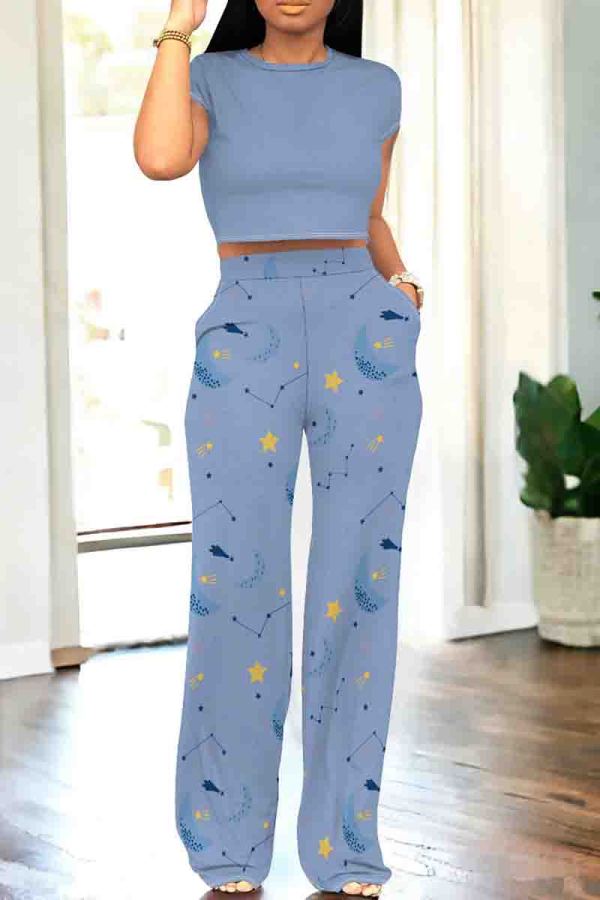 Dark Blue Casual Print Pocket Patchwork O Neck Short Sleeve Two Pieces