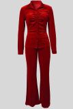 Burgundy Casual Solid Color Buckle Patchwork Ruched Turndown Collar Long Sleeve Two Pieces